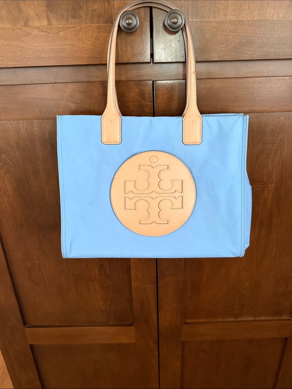 Tory Burch Sky Blue Nylon Tote with Tan Leather Trim